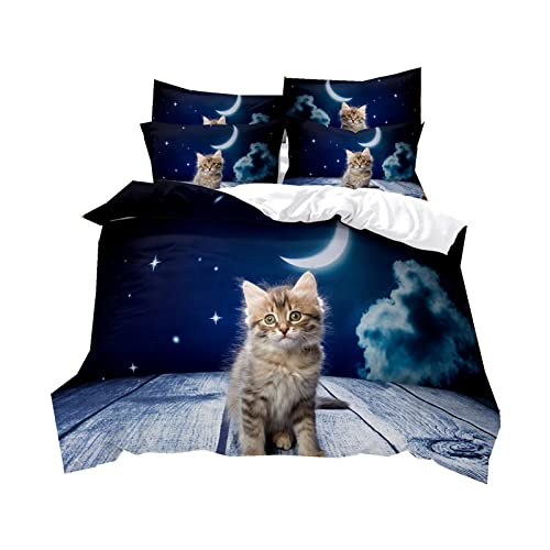 Sticker Superb Housse de Couette Chat Chien Mignon Parure de Lit 1/2 Personne Taie d'oreiller Gris Animal Noir et Blanc 3D, Fille Garçon en Microfibre Ensemble de Literie (AHW-13, 220_x_240_cm)