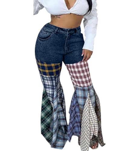 SOMTHRON Women's Plaid Patchwork Bell Bottom Jeans High Waist Flared Bodycon Ruffle Hem Denim Long Pants Trousers