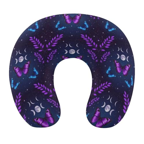Image of Travel Neck Pillow Memory Foam Chin Cushion Magic Moon Moth Butterfly Mystical Goth Astrology Art, Washable Cover for Men Women Youth Airplane Car Pain Relief