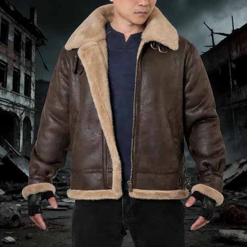 Mifidy Men Brown Leather Jacket Motorcycle Bomber Shearing Winter Coat Cosplay Costume for Christmas XS-3XL