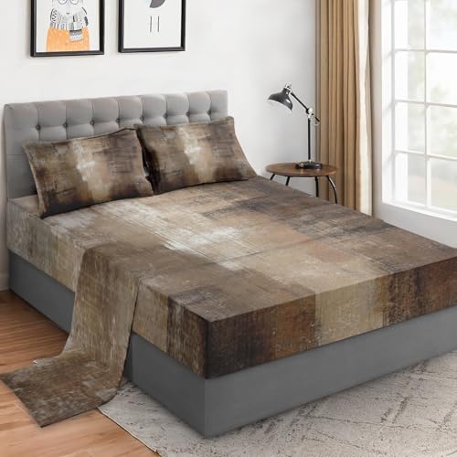 WeCozy Queen Size Bed Sheet Sets with Pillowcases, Brown Grey Painting 4 Pcs Soft Microfiber Bedding for Kids and Adults, Beige Contemporary Flat, Fitted Sheet for Bedroom Bed Decor