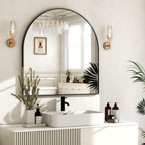 Image of HARRITPURE 26 inchx28 inch Arched Bathroom Mirror, Wall Mounted Mirror, Black Arch Mirror, Aluminum Alloy Frame Wall Mirror for Living Room, Bedroom and Entryway