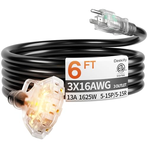 Deeklify 6 ft 16/3 awg 3 Outlet Extension Cord Splitter with Indicator Waterproof Indoor/Outdoor Extension Cord with Multiple Outlets 13A 1625W for Home & Workshop ETL Listed Flexible Black SJTW