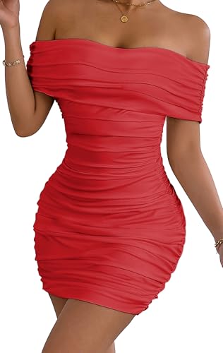 AIEOE Partykleid Cocktailkleid Frauen Offene Schulter Rückenfrei Club Sexy Minikeid Bodycon Bleistiftkleid Damen Größe L Rot