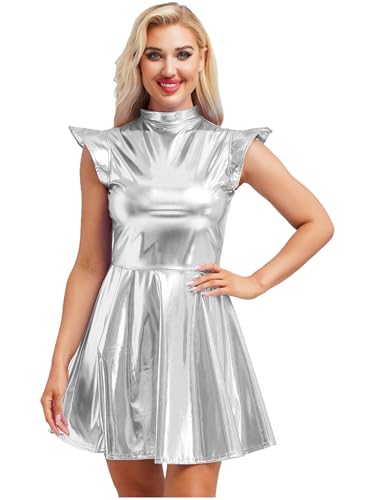 iiniim Damen Alien Kostüm Space Girl Kleid Metallic Minikleid Bodycon Glänzend Weltall Astronauten Kostüm Karneval Fasching GOGO Rave Partykleid...