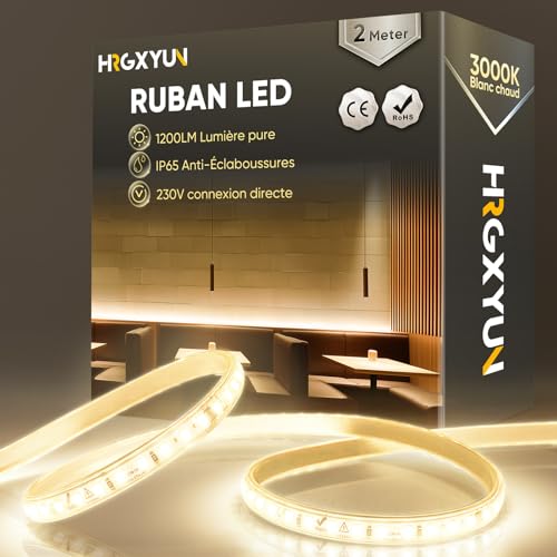 HRGXYUN 230V Ruban LED Extérieur, SMD 2835 IP65 Etanche, Bande LED Transparent 1200LM Sans Transformateur Flexible Découpable pour Chambre, Cuisine, Exterieur Décoration, 3000K Blanc chaud, 2m