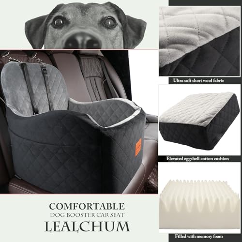 Lealchum Hund Booster Autositz für kleine/mittlere Hunde, Memory Foam erhöhte Kissen Hundeautositz,abnehmbar und waschbar Haustier tragbare Autositz mit 2 Clip-On Sicherheitsleinen(Black/Grey, Medium)