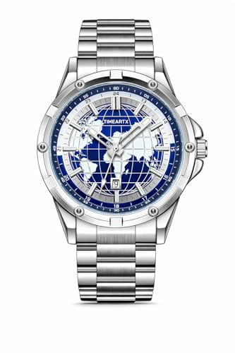 TIMEARTX Men’s World Timer Quartz Watch | Stainless Steel Waterproof Luxury Sports Watch | Luminous Dial Chronograph | 3ATM Water Resistant Business Analog Wrist Watch (Silver-Blue)