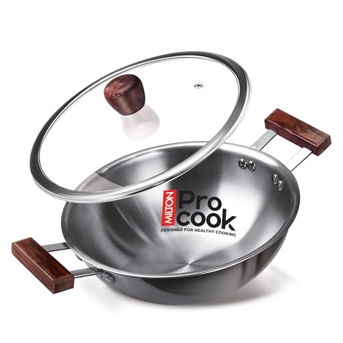 Image of MILTON Pro Cook Induction Cookware & Gas Stove Friendly Triply Stainless Steel Kadhai with Glass Lid 28cm (3.8L) | Deep Fry Pan | Sturdy Wooden Handle | Less Oil Healthy Cooking | 3Y Warranty | Silver