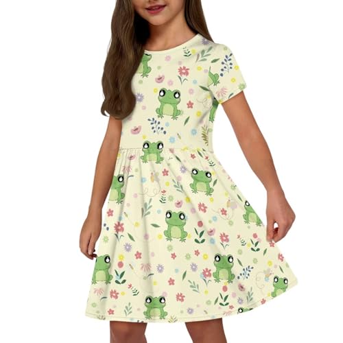 Image of Girls Dress with Pockets Basic Short Sleeve High Waist Swing Skater Dress School Party Dress for Kids