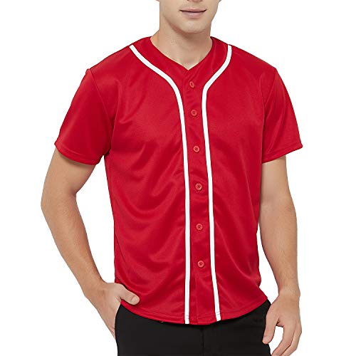 TopTie Men's Baseball Jersey Plain Button Down Shirts Team Sports Uniforms-Red White-2XL
