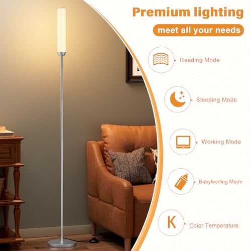 Image of Ambimall LED Floor Lamp with Remote Control, Foot Switch, Silver