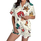 Zanisouta Weihnachts Pyjama Damen Seidensatin Nachtwäsche Luxuriösem Pyjamas Set mit Weihnachtsdruck Hausanzug Kurzen Ärmeln Loungewear Knopfleiste Kurzärmlige Shorts Weihnachtsoutfit