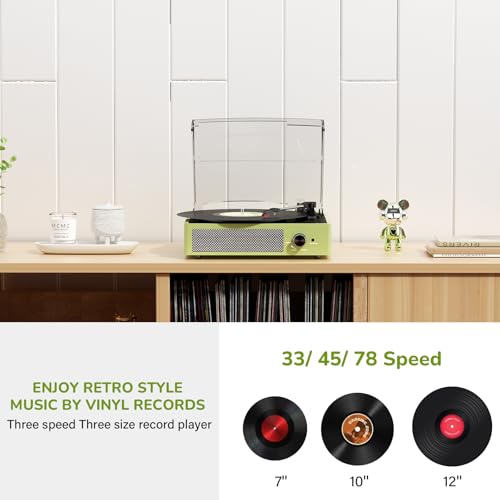 Image of Vinyl Record Player with 2 Stereo Speakers Belt-Driven Vintage Turntables 3 Speed 3 Size Wireless Bluetooth Playback AUX-in RCA Out Headphone LP Vinyl Players Auto Stop Light Green