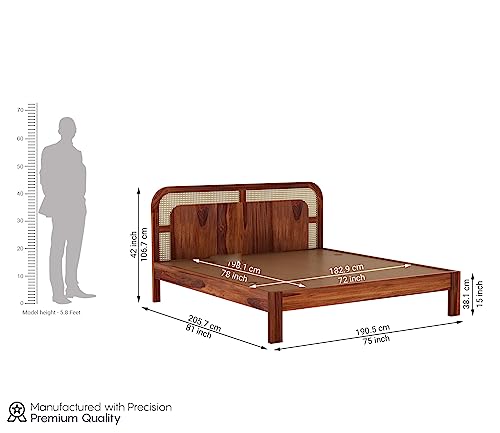 Image of King Size Cot Without Storage - Solid Wood King Bed - Honey Finish