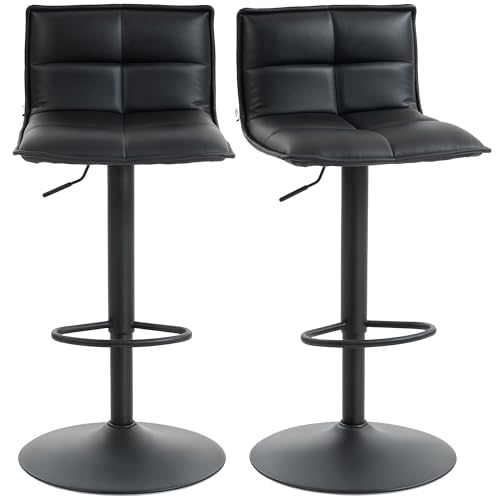 HOMCOM Bar Stools Set of 2, Modern Swivel PU Leather Barstools, Height Adjustable Breakfast Bar Chairs with Footrest and Wide Backrest for Kitchen Counter, Dining Room, Black