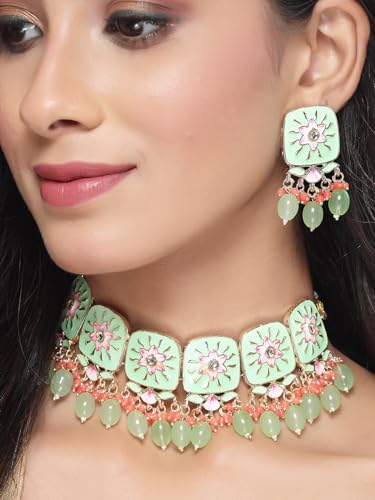 Square Mint Green Enamel Choker Set with Earrings