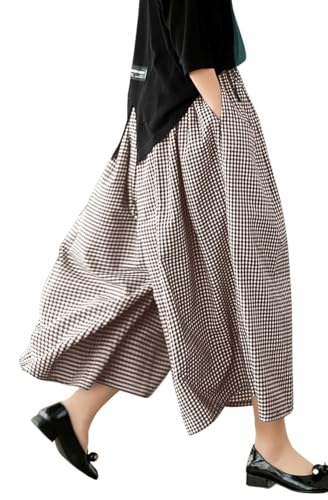 Image of chouyatou Women's Cotton Linen Pants Elastic Waist Plaid Gingham Wide Leg Capri Palazzo Pants