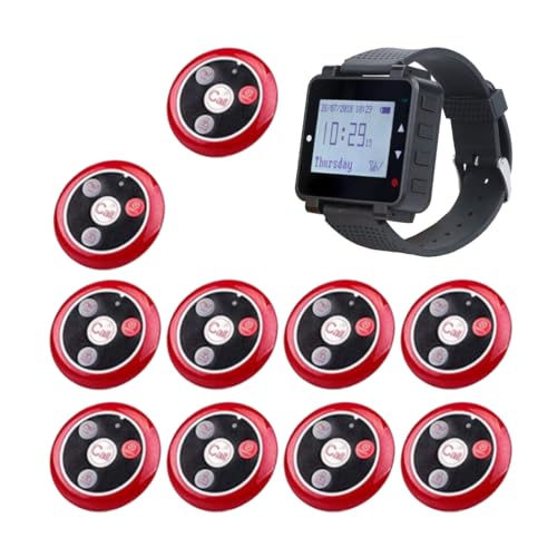Retekess T128-T117 Waiter Calling System, Restaurant Table Call System, IP54 Waterproof, 80m Calling Distance,1 Watch Receiver and 10 Customer Call Button for Opticians, Restaurant, Hotel