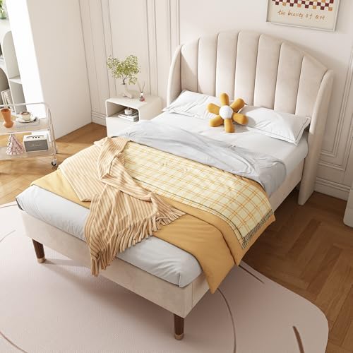 Goldicoo Cama tapizada de 90 x 200 cm con somier y cabecero de terciopelo, beige, cama individual, cama juvenil, soporte de listones de madera