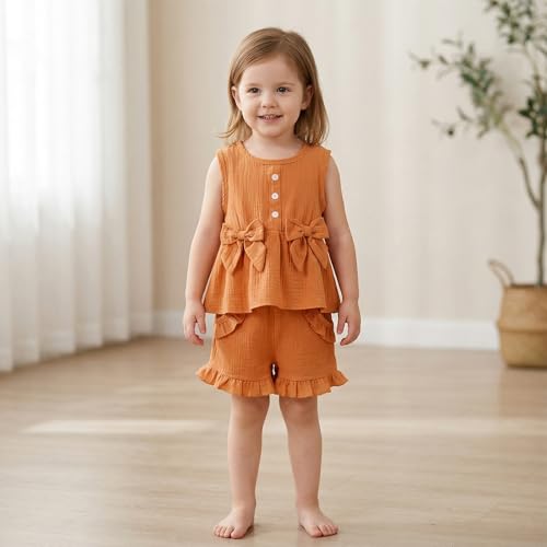 Image of Toddler Girl Clothes Sleeveless Top Shorts 2Pc Summer Outfit 12M-5T | 100% Cotton, Soft breathable, Double crepe fabric, Adorable bow ruffle pocket design, Perfect for daily wear, birthday, party