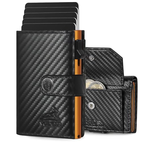 Fa.Volmer ® POP-UP Kartenetui mit Münzfach aus Echtleder für Herren & Damen | 12 Karten | RFID Schutz | Geldbörse VO45P (Carbon, Großes Münzfach)