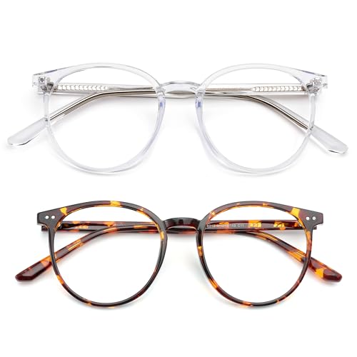 Image of 2 Pack Blue Light Blocking Glasses for Women and Men, Round Frame Computer Gaming Anti Eyestrain & UV Glare RF6213 (Clear + Coco Tortoise)