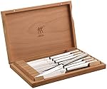 ZWILLING Premium Set of 8 Stainless German Steel Serrated Steak Knife Set with Wood Box - Razor Sharp Blades, Dishwasher Safe, Straight Edge, Dinner Knives, Gift Cutlery Set