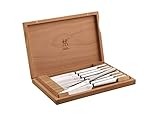 ZWILLING Premium Set of 8 Stainless German Steel Serrated Steak Knife Set with Wood Box - Razor Sharp Blades, Dishwasher Safe, Straight Edge, Dinner Knives, Gift Cutlery Set