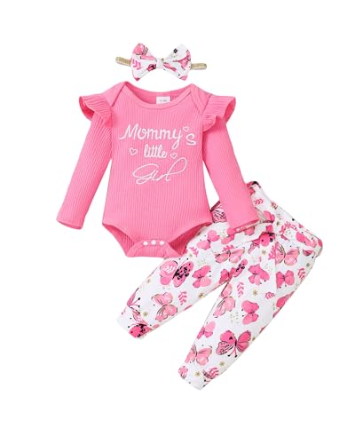 veikimous 12-18 Month Girl Clothes Baby Girl Fall Winter Dark Pink Floral Outfits Infant Pants Set Clothing with Headband
