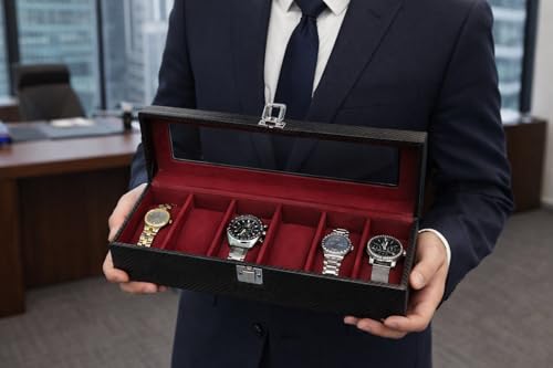 Image of Men's and Women's Watch Box Organiser in leatherette and suede- 6 Slots (Black sapphire-6W)