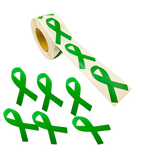 500 pcs Large Green Ribbon Awareness Stickers-Ribbon-Shaped Awareness Stickers for Cerebral Palsy, Liver Cancer, Mental Health, Green Health Cancer Hope