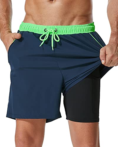 SILKWORLD Mens Swim Trunks with Compression Liner 2 in 1 Quick Dry Swimwear Beach Shorts with Zipper Pockets,Dark Navy,Large