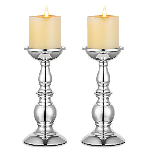 Nuptio Candelabros de Pilar Plateado, Centros de Mesa de Boda Candelabro de Metal para Velas de 8cm Decoración del Soporte Ideal para Bodas Eventos Especiales Fiestas Sala de Estar, 2 Piezas