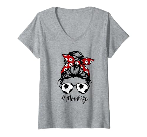 Womens Soccer Mom Messy Bun Life Hair Glasses Mother's Day Women V-Neck T-Shirt