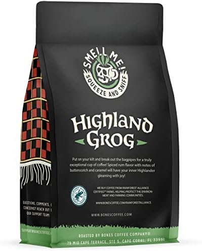 Bones Coffee Company Highland Grog, Butterscotch Caramel Flavored Coffee, Medium Roast Low Acid Arabica Beans Compatible with Auto drip and French Press Coffee Maker, 12 Oz Ground - 1
