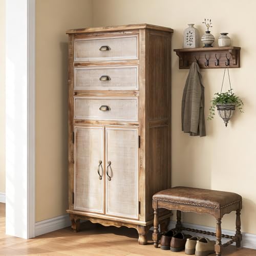 Image of Rustic Tall Storage Cabinet - Distressed Solid Wood Frame Accent Cabinet with 3 Drawers & 2 Doors, Farmhouse Freestanding Floor Cabinet for Entryway, Living Room, Hallway