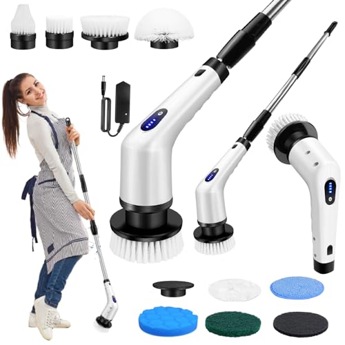 Cordless Electric Spin Scrubber with 9 Interchangeable Brush Heads, Extendable Handle, Dual Rotating Speeds, Waterproof Cleaning Tool for Bathroom, Kitchen and Floors