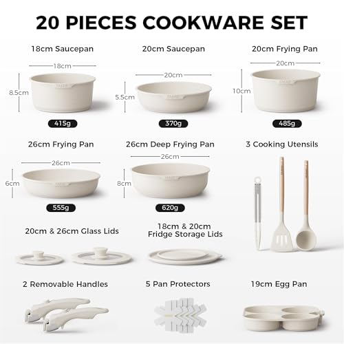 YASHE 20-Piece Pots and Pans Sets with Removable Handles, Non-Stick Cookware Set, Stackable Granite Pots and Pans with Glass Lids, Space-Saving for Campervans - Image 3