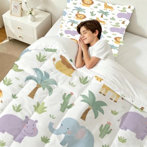 Image of Wild Animal Comforter Set Full Cartoon Animal Quilt Set for Boys | Cartoon Lion Elephant Giraffe Bedding Set, 3 Pcs Kids Girls Boys Jungle Comforter Set, Lightweight, Machine Washable