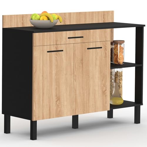 IDMarket - Buffet Bas de Cuisine 120 cm CINA Plan de Travail H.83 cm 2 Portes + tiroir Noir et façon hêtre