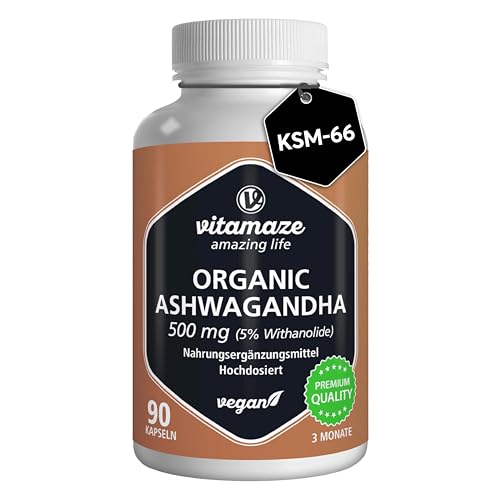 Ashwagandha Kapseln hochdosiert - KSM-66® - min. 5000mg reines Ashwagandha aus 500mg Extrakt (10-15:1), 5% Withanolide, 90 vegane Kapseln für 3 Monate mit Ashwagandha Wurzelextrakt, hoch bioverfügbar