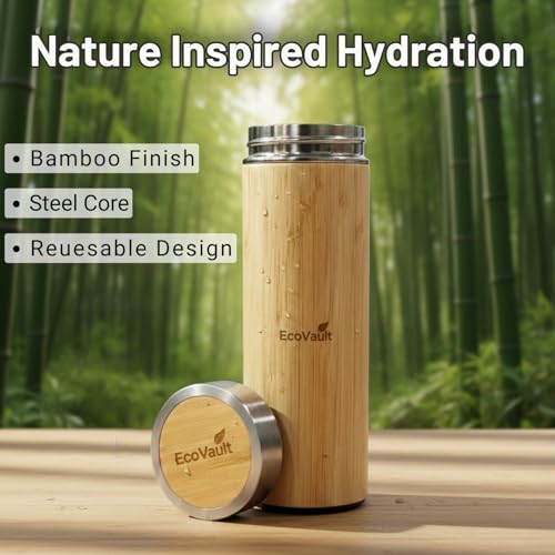 Image of Bamboo Water Bottle with Inner Stainless Steel Flask with Tea Strainer | 450ml Capacity | for Office, Travel, School & Home | Durable & Suitable for All
