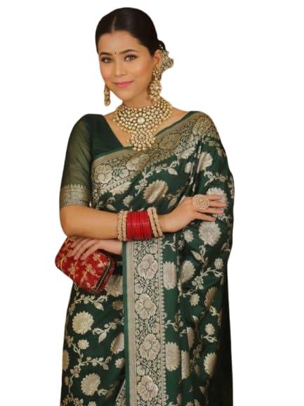 Necwa Women's Banarasi Kanjivaram Type Jacquard Woven Silk Saree With Attach Unstitch Blouse Piece