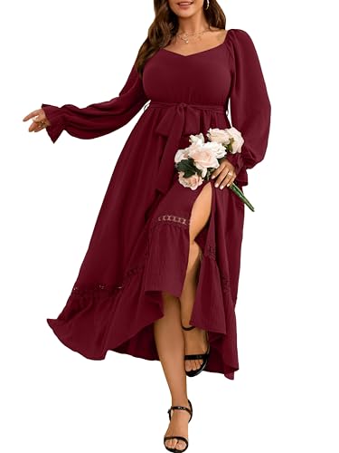 RWJ Long Sleeve Dress for Women Fall V Neck Formal Wedding Guest Cocktail Off Shoulder Plus Size Maxi Dresses with Belt