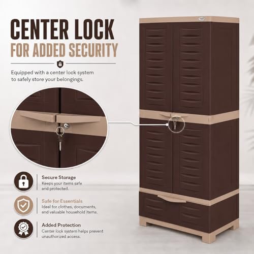 Image of Supreme Furniture Fusion 02 BDR 01 Multipurpose Plastic Cupboard | 40-Months Warranty* | 2 Door Cabinet with 1 Drawer | Spacious Shelves & Center Lock | Big Storage for Bedroom | DIY | Brown Beige
