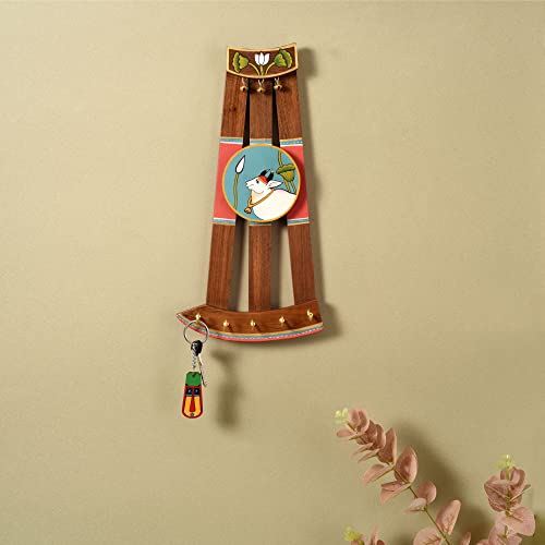 Image of AAKRITI ART CREATIONS Key Holder, Pichhwai Cow Key Hangers | Rustic Teak Wood Wall Organizer with 5 Hooks | New Home Gifts | Multifunctional Entryway Decor Item