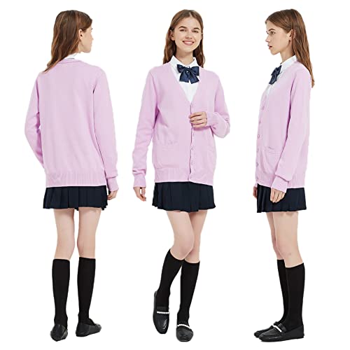 Image of Blostirno Women's Cardigan School Uniform Sweater Cardigans V-Neck Long Sleeve Button Down Knit with Pockets
