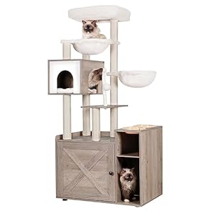 Hey-brother Cat Tree with Litter Box Enclosure, Modern Cat Tower for Indoor Cats with Large Platform, Condo Food Station and 2 Hammocks, All-in-one Cat Furniture, Wood Rustic Gray MPJ115SG
