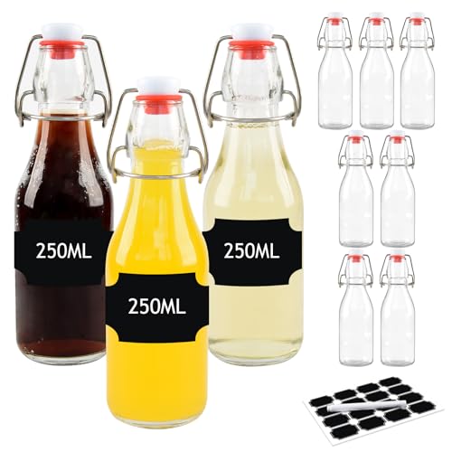 DZAEMOSIIE 10 Stück Glasflaschen 250ml mit Bügelverschluss, Bügelflaschen Zum Befüllen, Kleine Flaschen Zum Befüllen, Glasflaschen für Öl, Essig, Saft, Limonade, Eierlikör, Sirup